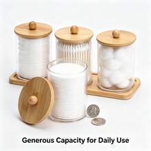 Tbestmax 10 Oz Cotton Swab/Ball/Pad Holder With Vanity Tray, Qtip Apothecary Jar, Bathroom Containers Dispenser Storage 3 Pack Wood Lids - 3pcs(托盤) - 查看 2