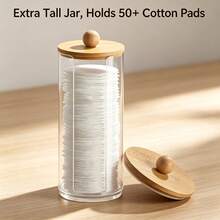 Tbestmax 10 Oz Cotton Swab/Ball/Pad Holder With Vanity Tray, Qtip Apothecary Jar, Bathroom Containers Dispenser Storage 3 Pack Wood Lids - 3pcs(竹蓋高罐) - 查看 2
