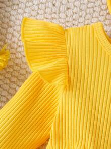 Baby Girl Pastoral Sunflower & Daisy Theme 2-Piece Set, Fresh Yellow Ribbed Ruffle Top With Daisy Print Mesh Tutu Dress + Matching Bow Hair Accessory - Yellow - View 5
