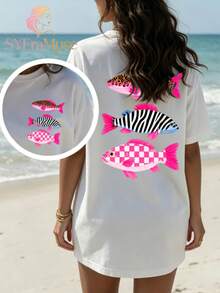 Women's Loose Fit"Leopard Zebra Pattern Fish"Printing T Shirt,Bohemian Lakeside Fishing Summer Aesthetics,Autumn Outfits,Suitable For Concerts,Vacatio - 白色 2 - 查看 2
