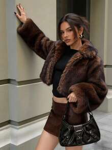 Women's Fuzzy Brown Faux Fur Oversized Collar Long Sleeve Coat, Suitable For Autumn/Winter Wear - Coffee Brown - View 3