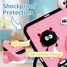 可愛 3D 煤灰卡通 iPad Air Pro 11 4/5 2025 M3 2026 M4 A16 保護殼，相容 iPad 7/8/9/10/11 代，附筆電 360° 旋轉支架、提把、筆槽與可調節掛繩，適合兒童學生 - 粉色 - 查看 2