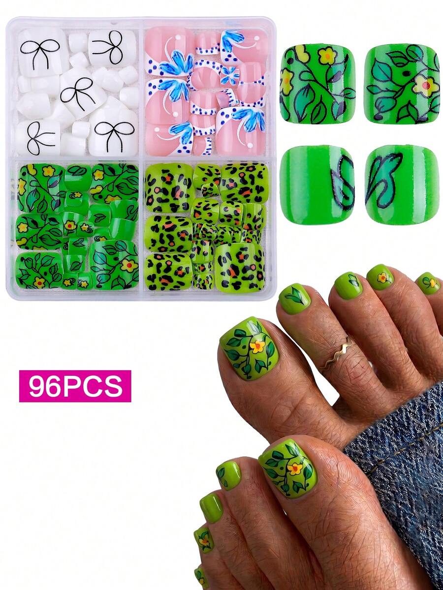 96Pcs 4 Styles Short Square Toe Press On Nails, Printed Gel Fake Toenail Set Summer Graduation Prom Nails,French Tip Bow Butterfly Floral Leopard Print Toe Nail Stickers, Reusable Manicure Kit With Jelly Gel Nail File For Women Grad Party Beach Daily - Multicolor - View 1