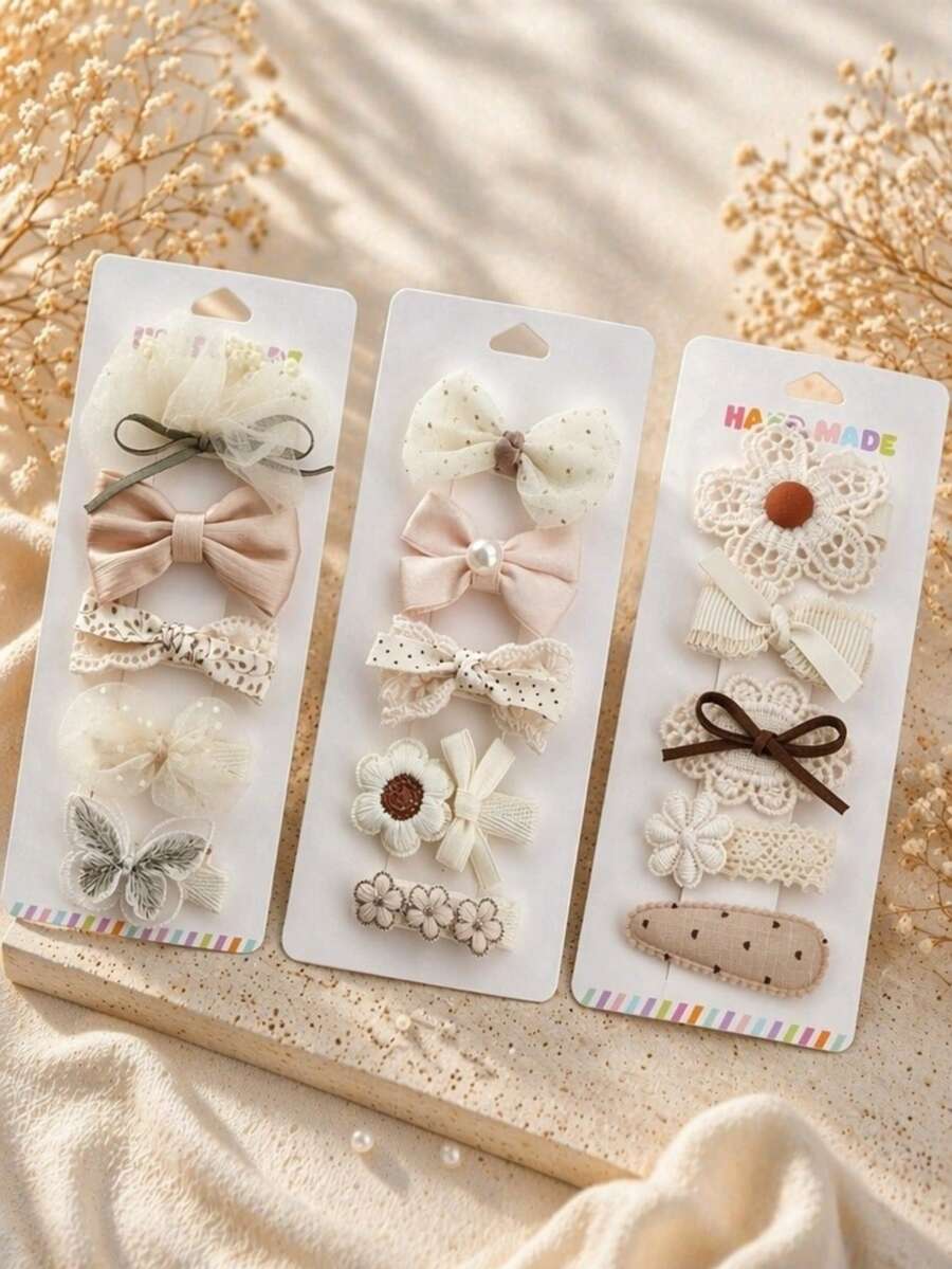 5件組珍珠蝴蝶結髮夾、波點薄紗髮夾與刺繡花朵髮夾－甜美兒童髮飾套組 - 彩色 - 查看 1