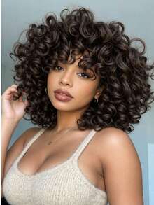 Afro Kinky Curly Wig ShortSynthetic With Bangs Black Bug Cheap Hair Halloween Heat Resistant Fiber For Africa America Women - Multicolor - View 15