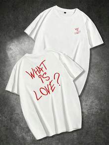 大尺碼男士白色寬鬆版型短袖T恤，紅色手寫「What Is Love」愛心印花，休閒街頭風 - 白色 - 查看 5