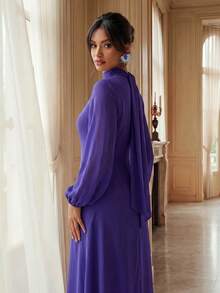 Savoree Women's Floral Applique Turtleneck Elegant Long Sleeve Dress - Purple - View 6