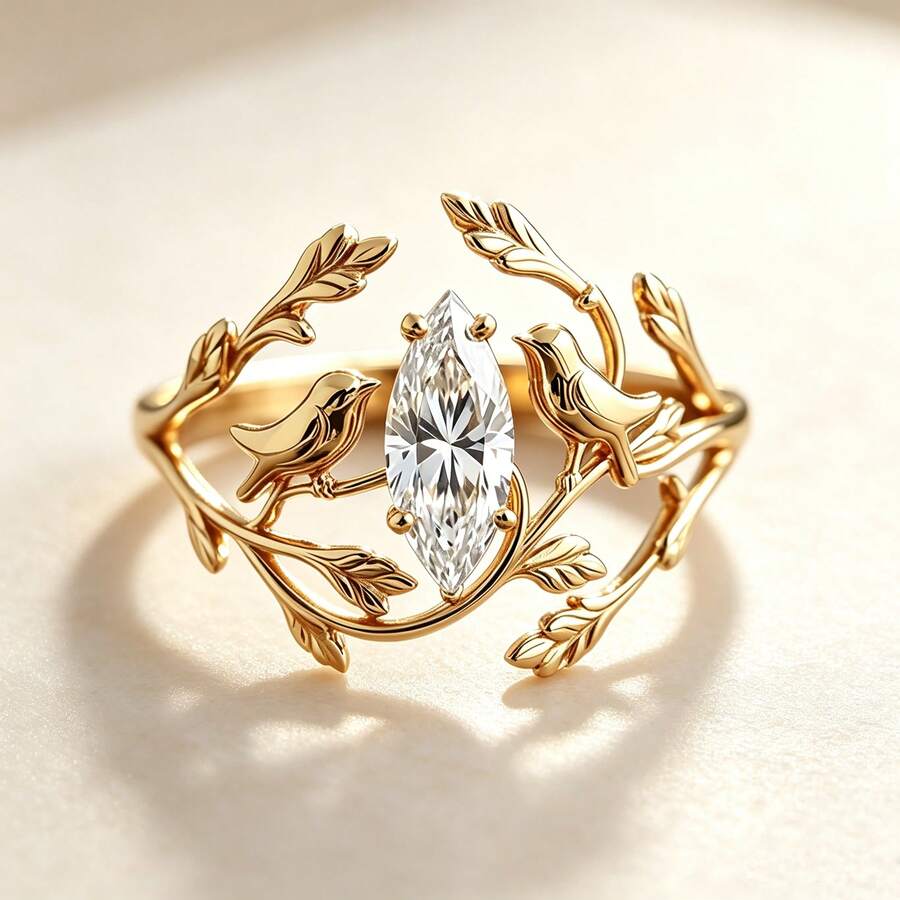 Anillo Creativo de Rama Ancha & Pájaro, Chapado en Oro de 18K, Anillo de Estilo Pastoral para Mujer, Joyería de Fiesta Nocturna con Circonita en Forma de Pera - Dorado - Ver 1