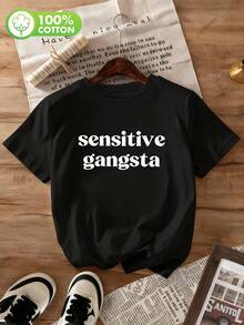 大尺碼女款黑色圓領短袖「Sensitive 」圖案T恤，標準版型高彈力面料上衣，休閒夏季風格 - 黑色 - 查看 5