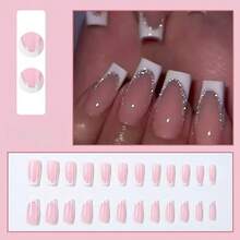Long Rectangular White French Glitter Design Nail Art Set, Perfect Fit For Fake Nails, Suitable For Women's Party, Ball And Daily Casual Wear - 白色 - 查看 8