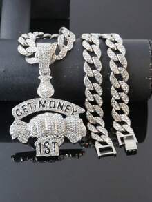 Iced Out GET MONEY 1ST Dollar Money Bag Pendant Cuban Chain Men Hip Hop Bling Rhinestone Rap Necklace Gold Silver Street Jewelry - pendant necklace - View 6