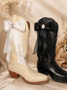 Personalized Custom Name Rhinestone Lace Satin Boot Bow Western Country Wedding Cowgirl Bridal Boot Decor - Boots With Bows - View 4