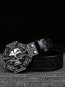 1pc Unisex Western Style Belt, Vintage Design, Personalized Fashion Alloy Buckle, 1.46in/3.7cm Wide Embossed Belt, Length Adjustable, Perfect Gift For Western Cowboy - Multicolor - View 5