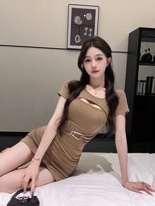 One-Piece Summer Dress, New Arrival From Y2k. Summer Clothing For Women. Double-Layered, Sheer Neckline, Metal Buckle, Cinched Waist, Short Sleeves, Side Shirring, Tight Mini Dress. Chic, Mature, Feminine Style. Perfect For Dates, Parties, And Cafe Photoshoots. - Khaki - View 5