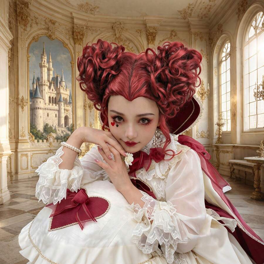 女款紅色皇后角色扮演假髮,短捲髮配心形髮髻與蜂巢髮型,合成纖維假髮,適用萬聖節派對裝扮 - 彩色 - 查看 1