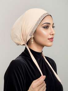 1pc Women's Solid Color Rhinestone Lace-Up Elastic Tie Headscarf With Lining - B-hot Rhinestone Beige - View 4