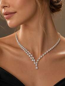 STONEFANS 1pc Multi-Layer Open Zirconia Choker Necklace, European And American Luxury Shiny Evening Party Jewelry - Silver - View 1