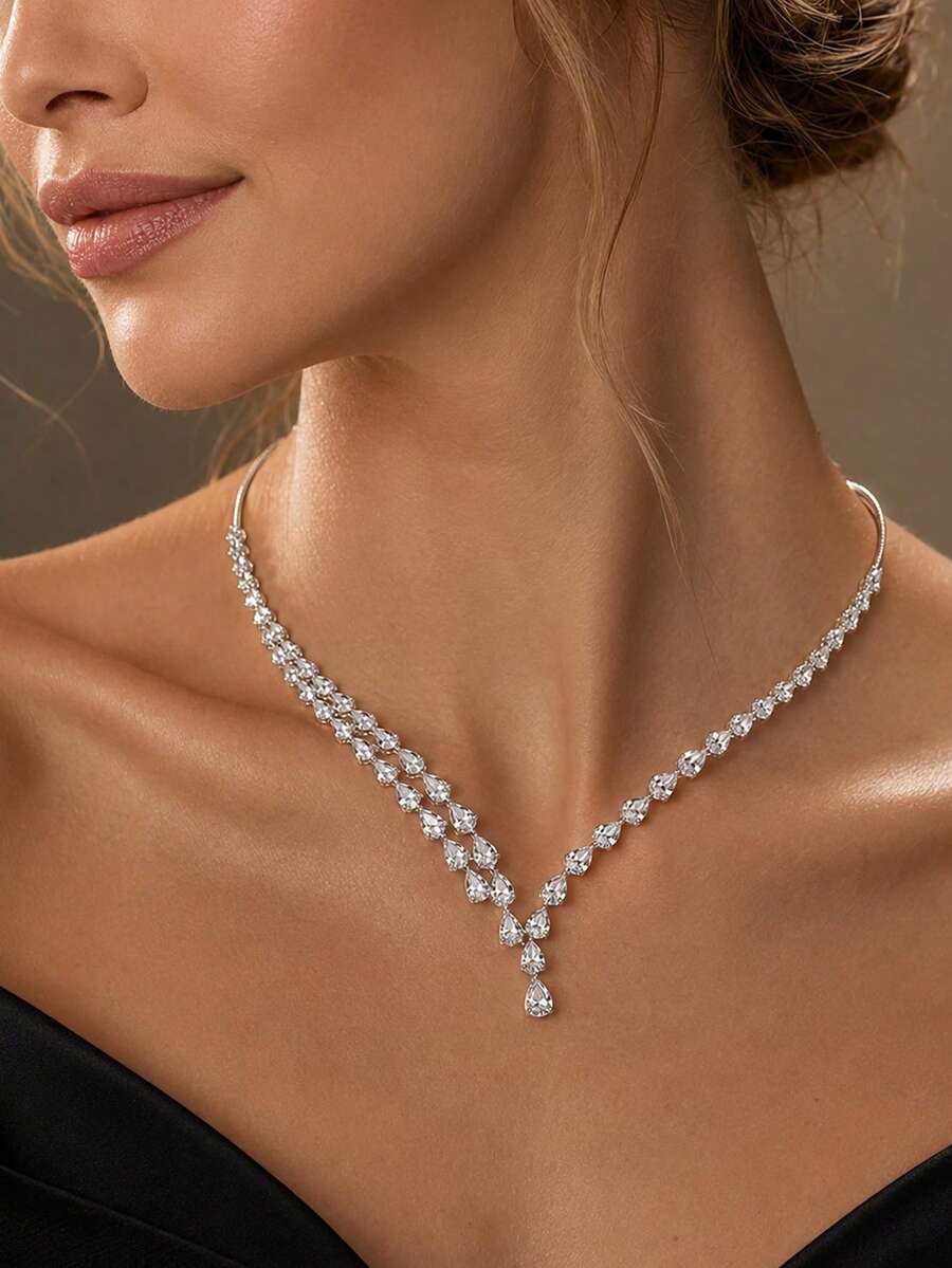 STONEFANS 1pc Multi-Layer Open Zirconia Choker Necklace, European And American Luxury Shiny Evening Party Jewelry - Silver - View 1