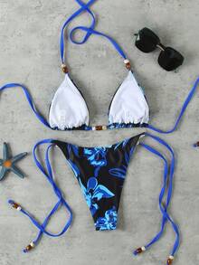 女款優雅春夏海灘度假性感掛脖藍色熱帶花卉休閒比基尼套裝，附珠飾綁帶 - 彩色 - 查看 4