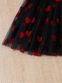 Girls' Spring/Autumn Fashion Sweet Heart Mesh Patchwork Square Neck Puff Sleeve Long Sleeve Top & Elastic Waist Skirt 2-Piece Set, Suitable For Daily Casual Outings - Black - View 8