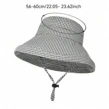 Spring Fashion Black & White Plaid Women's Bucket Hat, Lightweight Foldable Portable Sun Hat With Neck Strap, Suitable For Spring/Summer Outdoor Activities, Travel, Sports Events - Plaid Hat - View 7