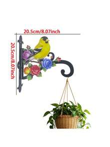 Colorful Goldfinch & Floral Decorative Wall Mount Plant Bracket, Wrought Iron Hanging Flower Pot Hook, Heavy Duty Anti-Rust Hanger For Hanging Basket, Bird Feeder, Wind Chime, Lantern, Outdoor Patio Yard Porch Garden Wall Art Decor - Yellow Bird Flowers - View 2