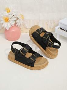 1 Pair Kids' Summer Flat Sandals, Premium Black Minimalist Fashion Sandals With Adjustable Bronze Buckle Design, Casual Style Suitable For Beach, Vacation And Outdoor Play - Black - View 4