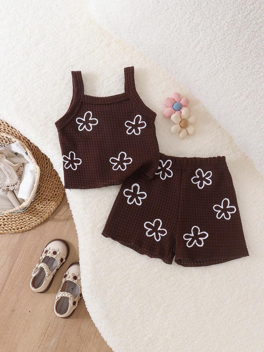 2pcs Set Atasan Camisole Longgar dan Celana Pendek untuk Bayi Perempuan, Model Tipis untuk Musim Panas - Coffee Brown - View 1