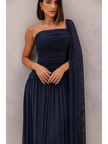 Long, One-Shoulder Party Dress In Dark Nude, Flowing Style, For Bridesmaids/Dates/Graduations/Guests. - Navy Blue - View 3