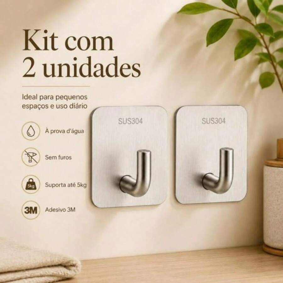 Kit Ganchos Inox 304 Adesivo 3M Cabide De Parede Autocolante Sem Furo Preminum Cromado Organizador - GS-2 UN - Visão 1