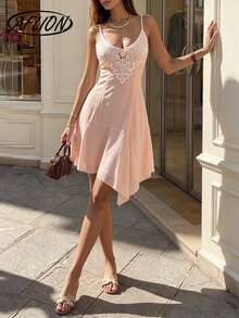 Women's Summer Pink Lace Trim Mini Slip Dress, V Neck Adjustable Spaghetti Strap Irregular Ruffle Hem Coquette Dress - Pink - View 6