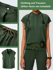 Solid Color Mandarin Collar Spring/Summer Multi-Pocket Set, Casual Sports Outdoor 2-Piece Outfit, Women's Fashion Commute Work Suit - Army Green - View 11
