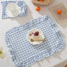 1/2/4pcs Korean Style Plaid Sweet Ruffle Edge Cute Princess Style Candy Color Plaid Food Plate Heat-Insulating Background Mat Napkin, Nordic Country Style Blue Plaid Table Mat Napkin - Multicolor - View 1
