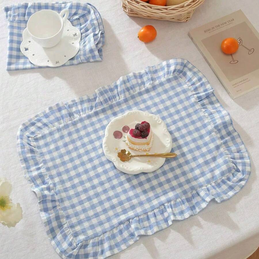 1/2/4pcs Korean Style Plaid Sweet Ruffle Edge Cute Princess Style Candy Color Plaid Food Plate Heat-Insulating Background Mat Napkin, Nordic Country Style Blue Plaid Table Mat Napkin - Multicolor - View 1