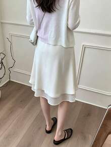 Double Layer Satin Ruffle Hem High Waist A-Line Skirt For Summer - Apricot - View 7