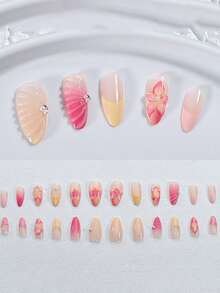 Transform Your Nails, 24pcs/Set French Almond Shape Ocean Style Elegant 3D Floral Water Drop Shell French Sweet Press-On Full Coverage Artificial Nail Tips With 1pc Jelly Glue And 1pc Nail File, Add A Touch Of Romance, Make You Look Sweet, Suitable For Daily Dates - Multicolor - View 2