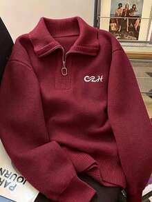 Solid Color Zip-Up Collar Long Sleeve Knit Cardigan, Soft Style Versatile Knit Sweater - Red - View 2