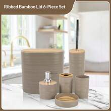 7/6/4/1pc Premium Hazel Brown Horizontal Stripe Bathroom Accessories Set, Modern Luxury Travel Bathroom Accessories Set, Minimalist Solid Color Bathroom Toiletries Set - Reusable, Easy To Clean, Waterproof And Rust-Proof, Includes Toothbrush Holder, Lotion Bottle, Mouthwash Cup, Toilet Brush, Toilet Brush Holder, Soap Dish, Trash Can, Suitable For Bathroom, Living Room, Kitchen Countertop Decoration - Multicolor - View 3