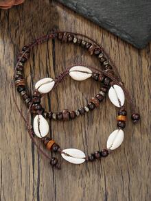 2pcs Men's Summer Holiday Natural Coconut Shell Wood Bead Shell Beaded Adjustable Anklet, Suitable For Vacation, Father's Gift Or Couples Gift - Multicolor - View 3