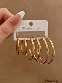 3 Pairs Women's Gold Hoop Earrings Set, Stainless Steel Hoop Earrings, Minimalist Fashion Jewelry, Suitable For Daily Wear And Party - Gold - View 9