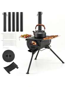 Portable Foldable Wood Burning Tent Stove With 5 Sections Chimney Heavy Duty Carbon Steel Camping Stove With View Window And Cooking Racks For Outdoor Hunting Camping - as Pic - View 4