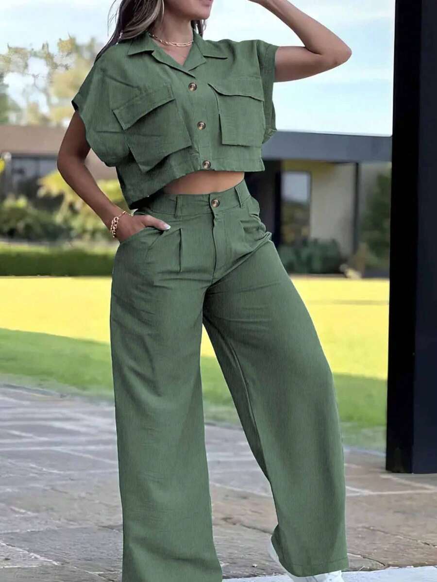 UREREM 2pcs Woven Fabric Casual Outfit - Short Sleeve Shirt & Pants Set, Versatile & Practical, Urban Chic Summer Elegant - Green - View 1