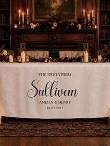 Personalized Wedding Table Runner, Customized White Polyester Linen Fabric Bride And Groom Table Runner (Includes Surname And Date), Elegant Wedding Reception Decor Sign - Multicolor - View 4