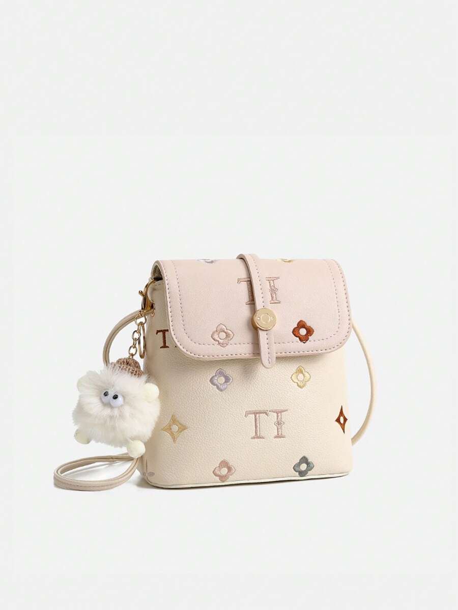 1PC Women Cream Beige Light Pink Color Block Mini Bucket Crossbody Phone Bag, Cute Embossed Double T Monogram Print Small Flip Flap Shoulder Purse. - Multicolor - View 1