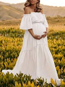 Vestido de maternidad blanco de gasa con hombros descubiertos, mangas cortas con volantes y cola, adecuado para ocasiones especiales como césped, playa y jardín en primavera - Blanco - Ver 1