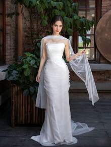 1 pieza Chal largo de malla blanca para mujer, 350X60cm Elegante velo de novia, adecuado para boda, banquete, actuación, fiesta, accesorio de fotografía de viaje, accesorio nupcial, decoración festiva, bufanda de cuello premium estilo coreano, bufanda larga de malla suave, velo de hombro para cola de vestido de novia, bufanda larga de gasa premium estilo coreano vintage, chal exterior para vestido de novia cheongsam - Blanco - Ver 12