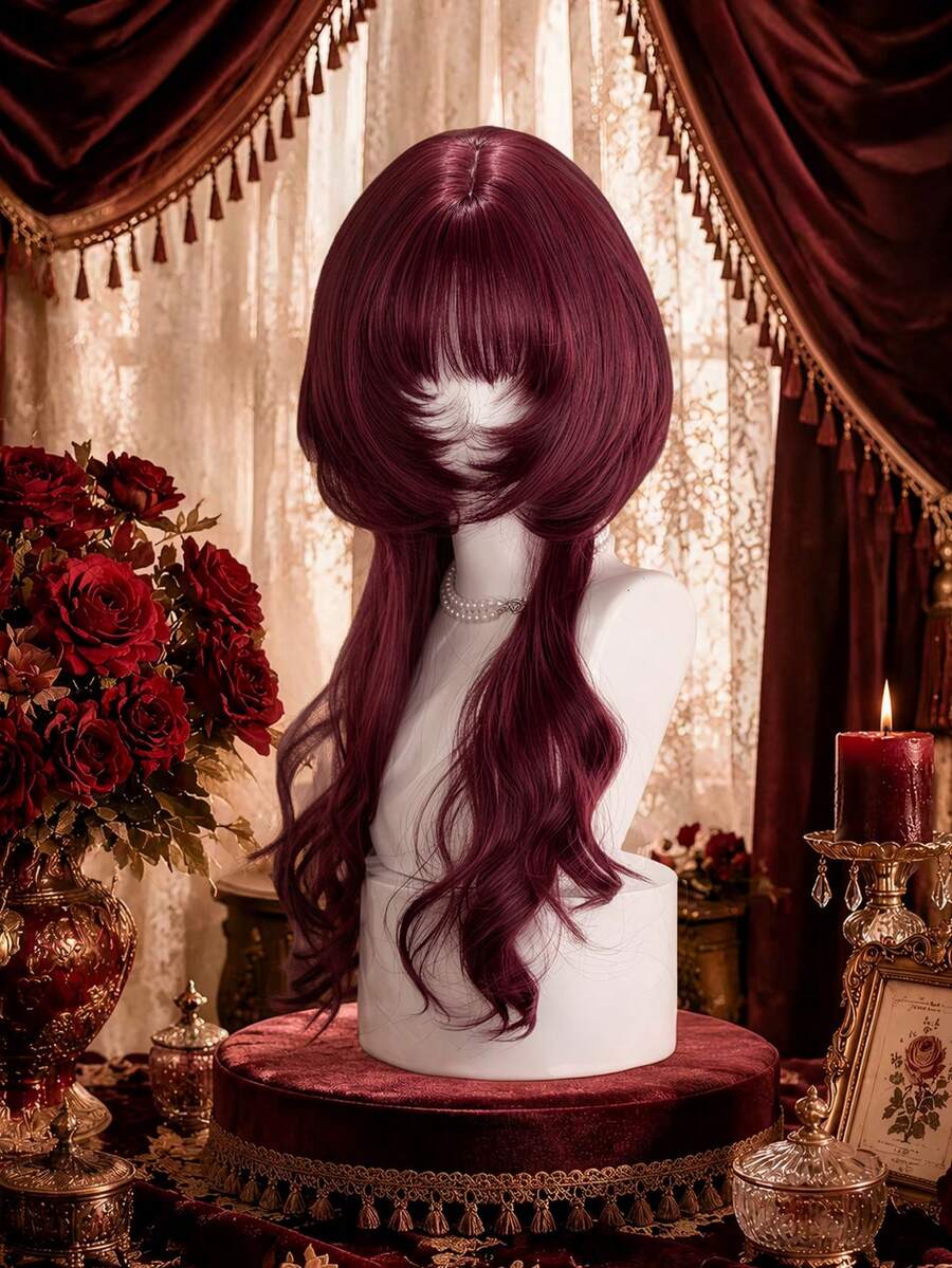 alicegarden 28-Inch Long Synthetic Wig Featuring A Natural Wavy Style In A Stunning Burgundy. Designed With Bangs , This False Hairpiece Is Perfect For Ms Halloween Cosplay Daily Use, Offering A Natural And Natural Durable Wig Gift For Ladies. - Burgundy - View 1