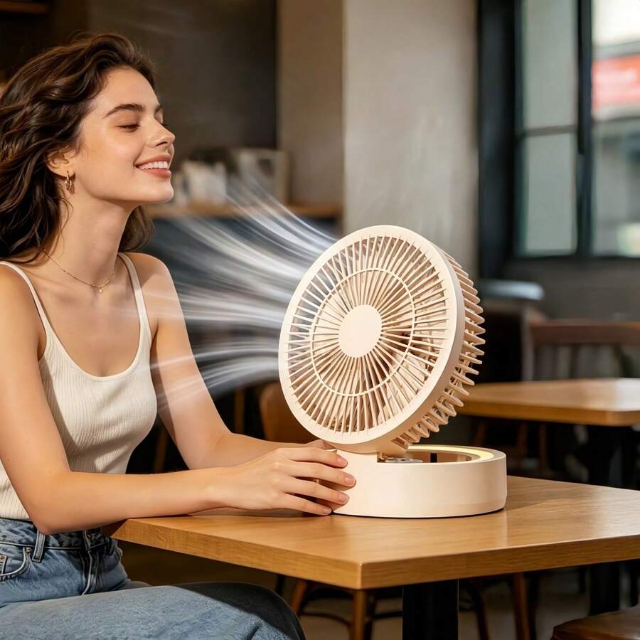 Foldable Portable Desktop Fan, LED Night Light + Mirror, 5-Speed Wireless Mini Cooling Fan, Multi-Angle Tilt Adjustment, Suitable For Bedroom/Office/Dorm - Multicolor - View 1