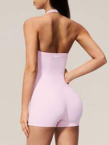 TimeOff Women's 1pc Solid Color Halter Neck U-Neck Backless Sports Romper - Pink - View 3