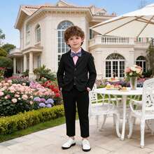 3pcs Kids Gentleman Suit Set, Including Jacket, Pants And Bow Tie, Formal Wear For Boys, Spring/Autumn - الأسود - مشاهدة 1